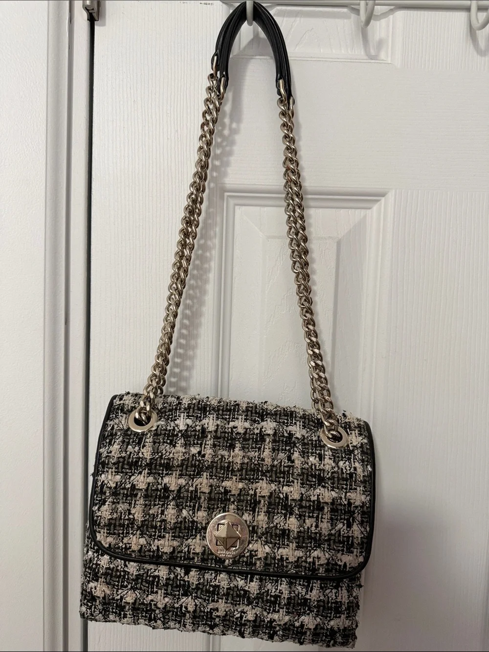 kate spade Black and Cream Tweed Shoulder Bag with Gold Chain
